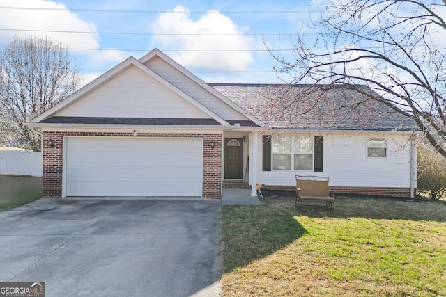 ranch-style home with brick siding, an attached garage, concrete driveway, and a front yard