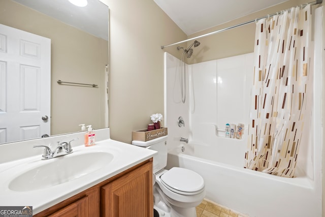 bathroom with vanity, toilet, and shower / bathtub combination with curtain