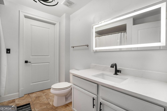 full bath featuring visible vents, toilet, and vanity