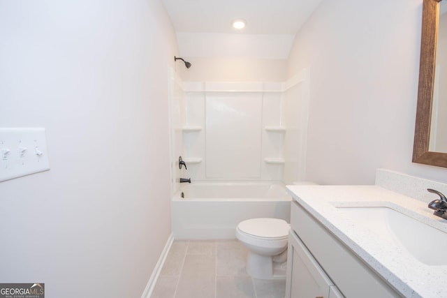 bathroom featuring tile patterned floors, toilet, baseboards, bathing tub / shower combination, and vanity