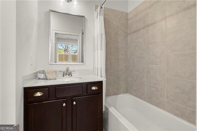 bathroom with vanity and shower / bathtub combination with curtain