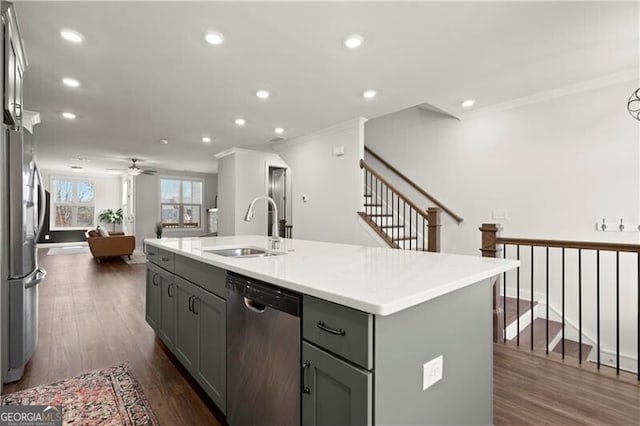 kitchen with a sink, stainless steel appliances, gray cabinetry, and dark wood finished floors