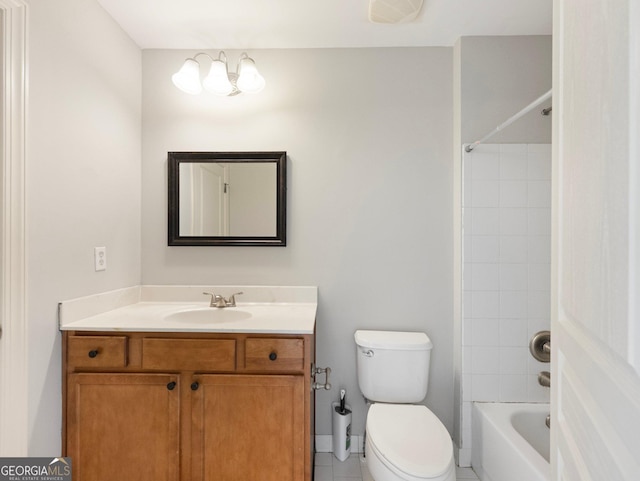 full bathroom featuring vanity, baseboards, visible vents, bathing tub / shower combination, and toilet