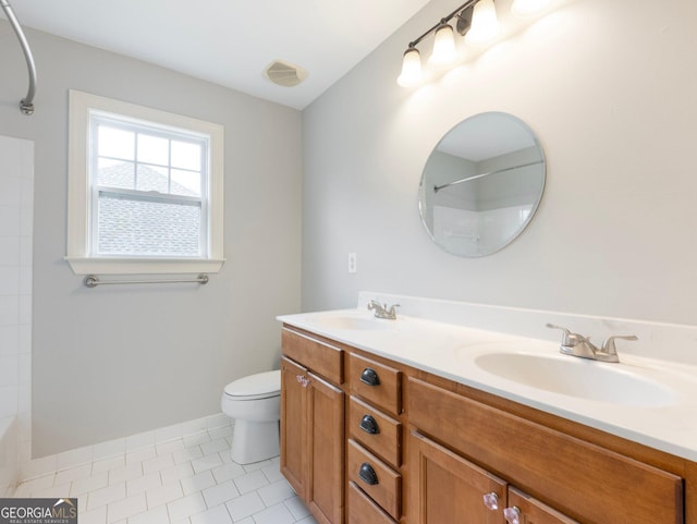 full bath with double vanity, toilet, visible vents, and a sink