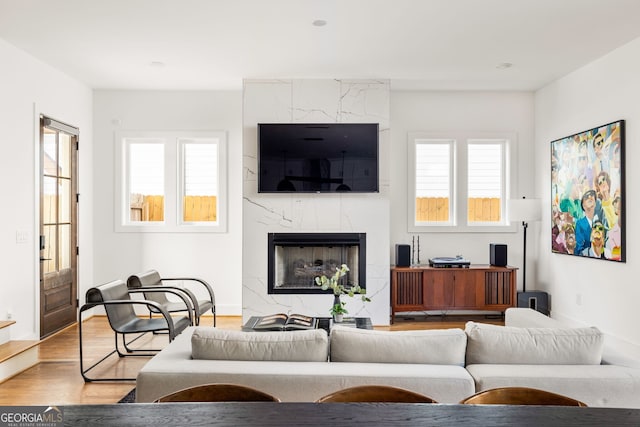 living area with plenty of natural light, a fireplace, baseboards, and wood finished floors