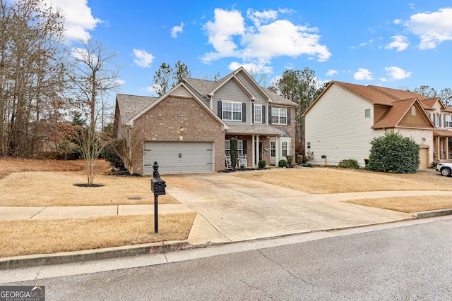 view of front of house with brick siding, concrete driveway, a garage, and a shingled roof