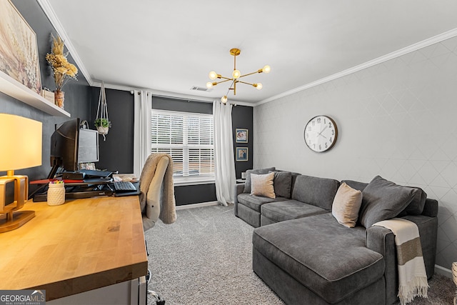 carpeted home office with visible vents, an inviting chandelier, and ornamental molding