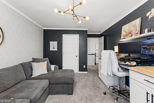 home office featuring baseboards, light colored carpet, ornamental molding, built in desk, and an inviting chandelier