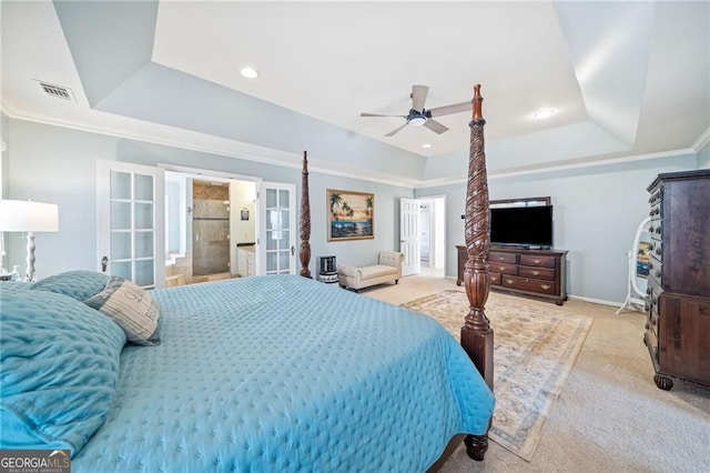 217 Colonial Dr, Woodstock, GA 30189 - carpeted bedroom featuring a raised ceiling, french doors, baseboards, recessed lighting, and ceiling fan
