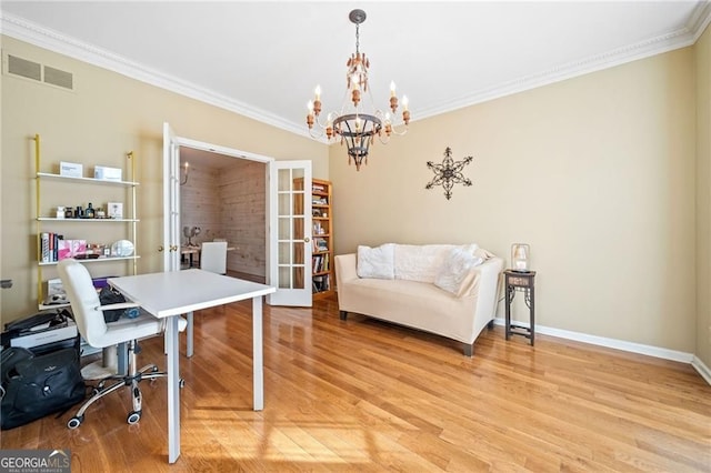 217 Colonial Dr, Woodstock, GA 30189 - office space featuring french doors, ornamental molding, a chandelier, light wood finished floors, and baseboards