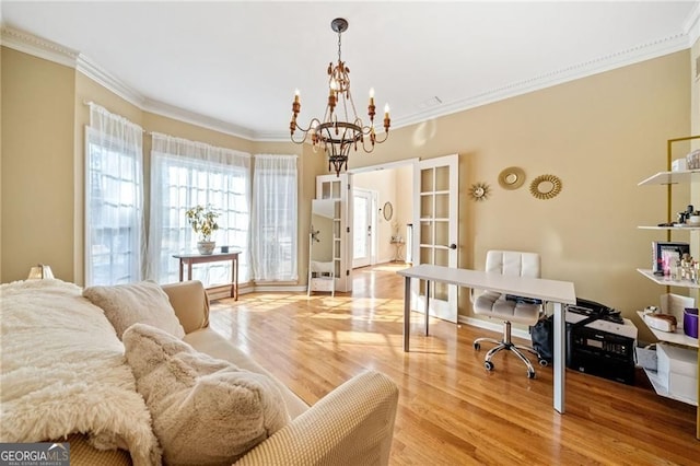217 Colonial Dr, Woodstock, GA 30189 - office space with a chandelier, french doors, wood finished floors, ornamental molding, and baseboards