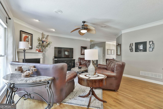 living room with visible vents, a textured ceiling, light wood-style flooring, and crown molding