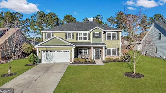 view of front of home with a front yard, brick siding, driveway, and a shingled roof