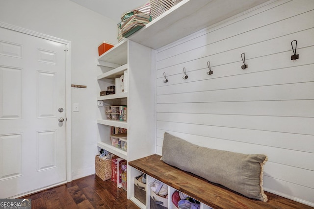 mudroom featuring dark wood-style floors