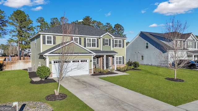 traditional home with a front lawn, fence, concrete driveway, cooling unit, and a garage