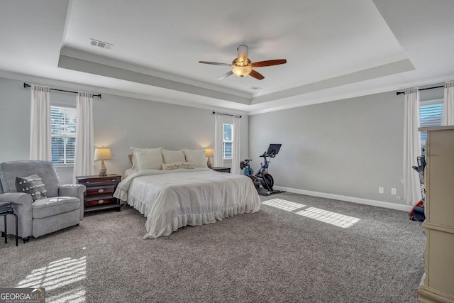 carpeted bedroom with a raised ceiling, multiple windows, baseboards, and visible vents