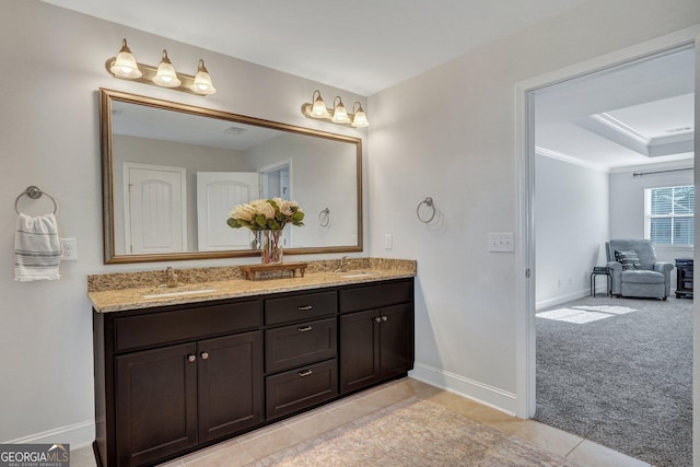 bathroom featuring a sink, a tray ceiling, baseboards, and double vanity