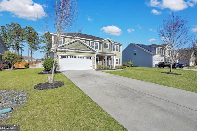 traditional-style house with a garage, concrete driveway, a front lawn, and fence