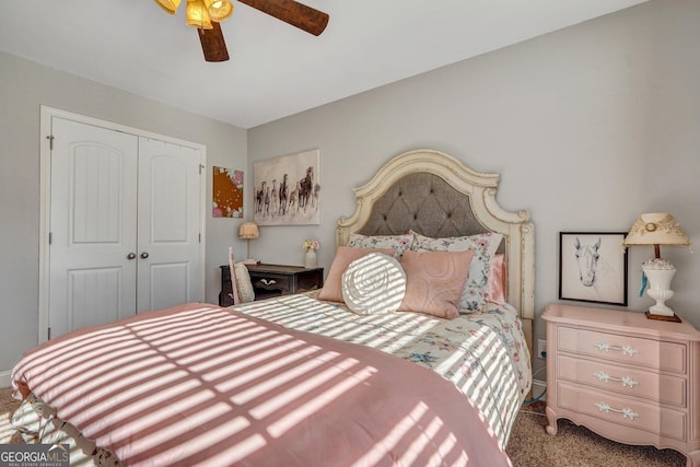 bedroom featuring a closet, ceiling fan, and carpet flooring