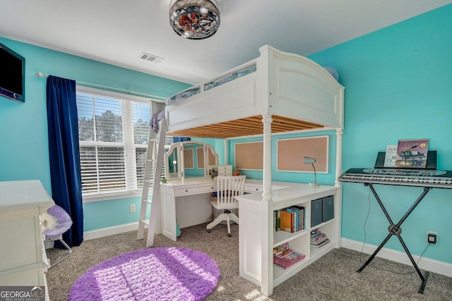 bedroom featuring baseboards, visible vents, and carpet floors