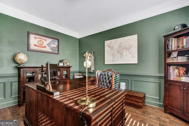 office space featuring a decorative wall, dark wood-style flooring, and crown molding