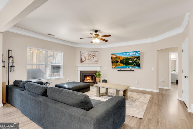 living area featuring crown molding, ceiling fan, visible vents, and light wood-type flooring