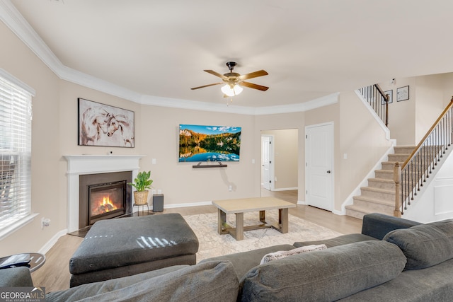 living area featuring crown molding, stairs, a glass covered fireplace, light wood-type flooring, and a ceiling fan