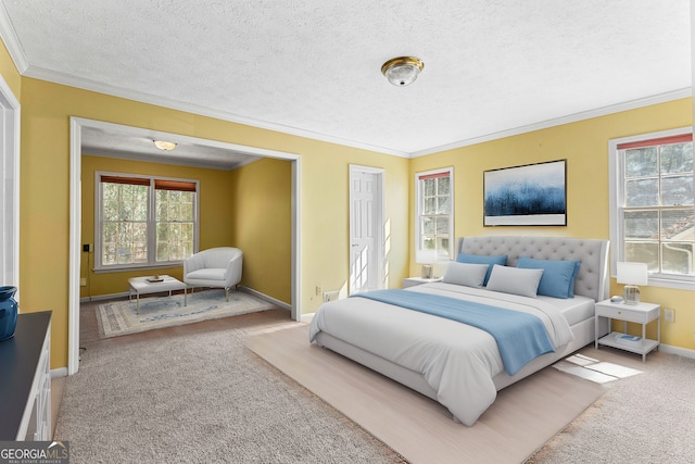 carpeted bedroom featuring multiple windows, a textured ceiling, and ornamental molding