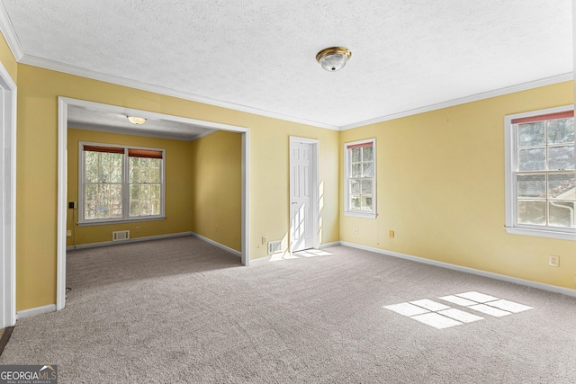 carpeted spare room featuring a textured ceiling, baseboards, and ornamental molding