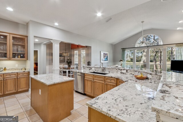 246 Heron Ct, Saint Marys, GA 31558 - kitchen with visible vents, a sink, a center island, dishwasher, and ornate columns