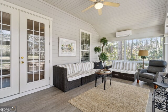 246 Heron Ct, Saint Marys, GA 31558 - sunroom / solarium with a ceiling fan, lofted ceiling, wood ceiling, french doors, and a wall mounted air conditioner