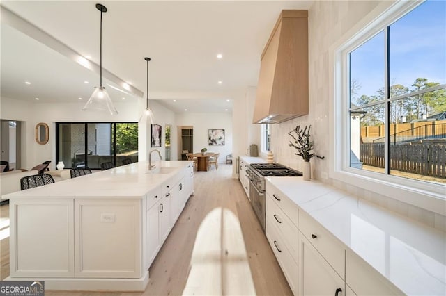 kitchen featuring a sink, custom exhaust hood, open floor plan, and stainless steel range