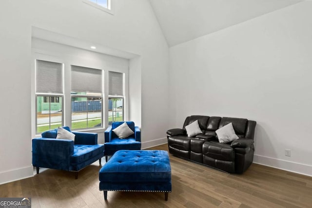 living area with baseboards, high vaulted ceiling, and wood finished floors