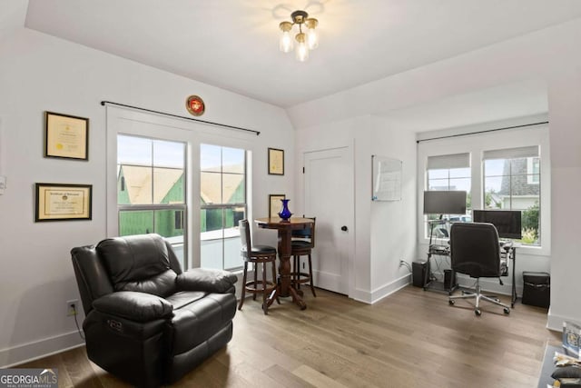 office featuring plenty of natural light, wood finished floors, and baseboards