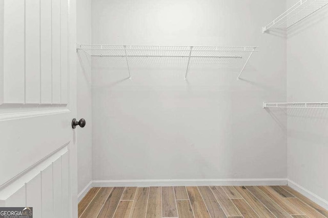 walk in closet with wood finished floors