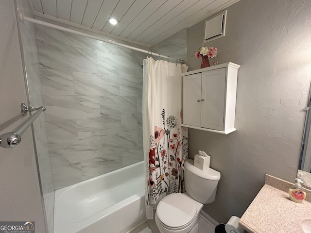 full bathroom featuring wood ceiling, toilet, shower / tub combo with curtain, a textured wall, and vanity