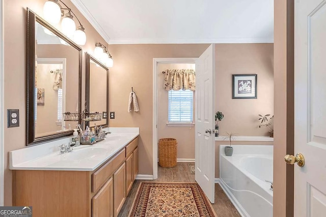 bathroom featuring wood finished floors, a garden tub, ornamental molding, and a sink