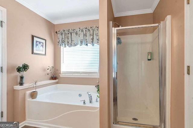 full bath featuring a bath, ornamental molding, and a stall shower