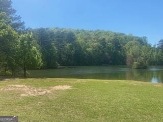 view of yard featuring a view of trees and a water view
