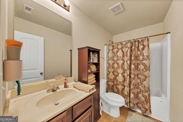 full bath with visible vents, toilet, vanity, and shower / bath combination with curtain