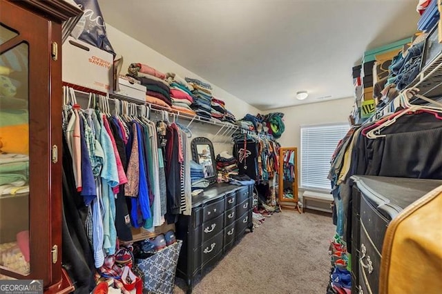 walk in closet with carpet flooring