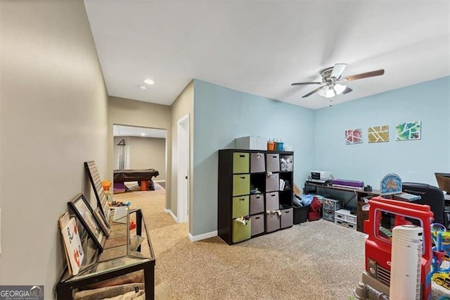 office featuring recessed lighting, a ceiling fan, baseboards, and carpet floors