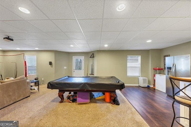 playroom featuring wood finished floors, baseboards, recessed lighting, pool table, and a paneled ceiling