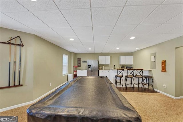 playroom with baseboards, a drop ceiling, carpet floors, recessed lighting, and billiards