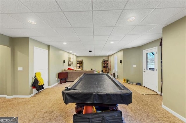 recreation room with billiards, carpet flooring, recessed lighting, and baseboards