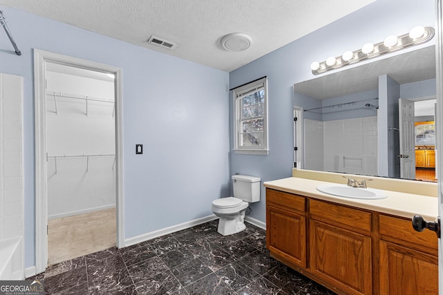 full bath with toilet, a shower, visible vents, and a textured ceiling