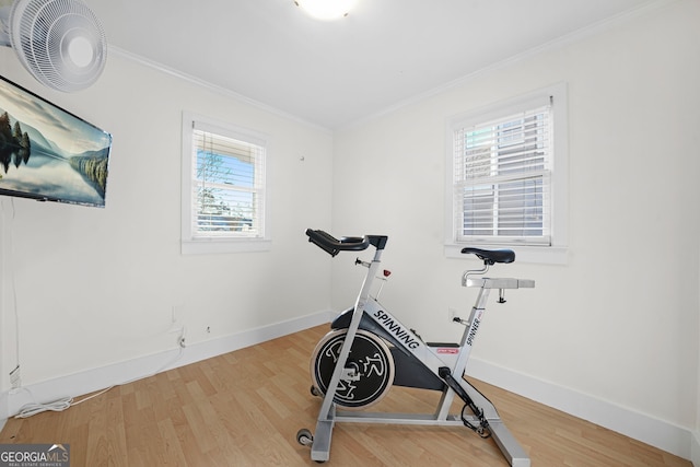 exercise room with baseboards, wood finished floors, and crown molding