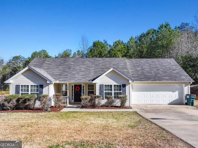 single story home with a garage, a front lawn, a porch, and driveway