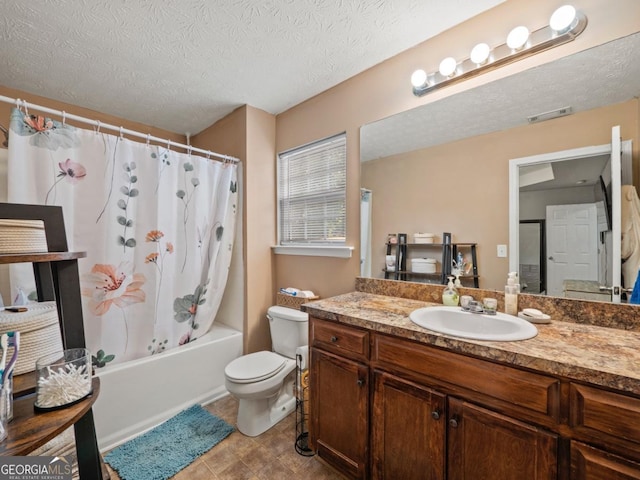 bathroom with visible vents, toilet, shower / tub combo with curtain, a textured ceiling, and vanity