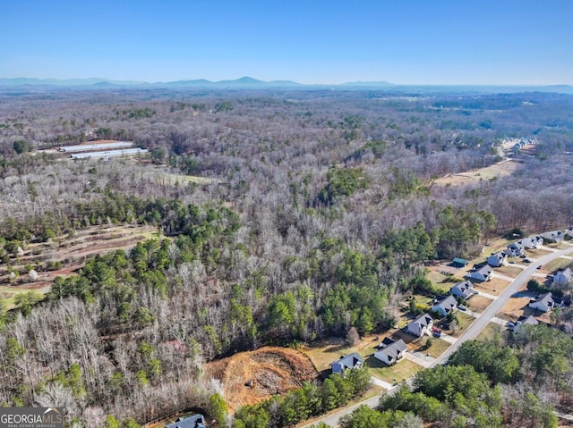 aerial view featuring a mountain view and a wooded view